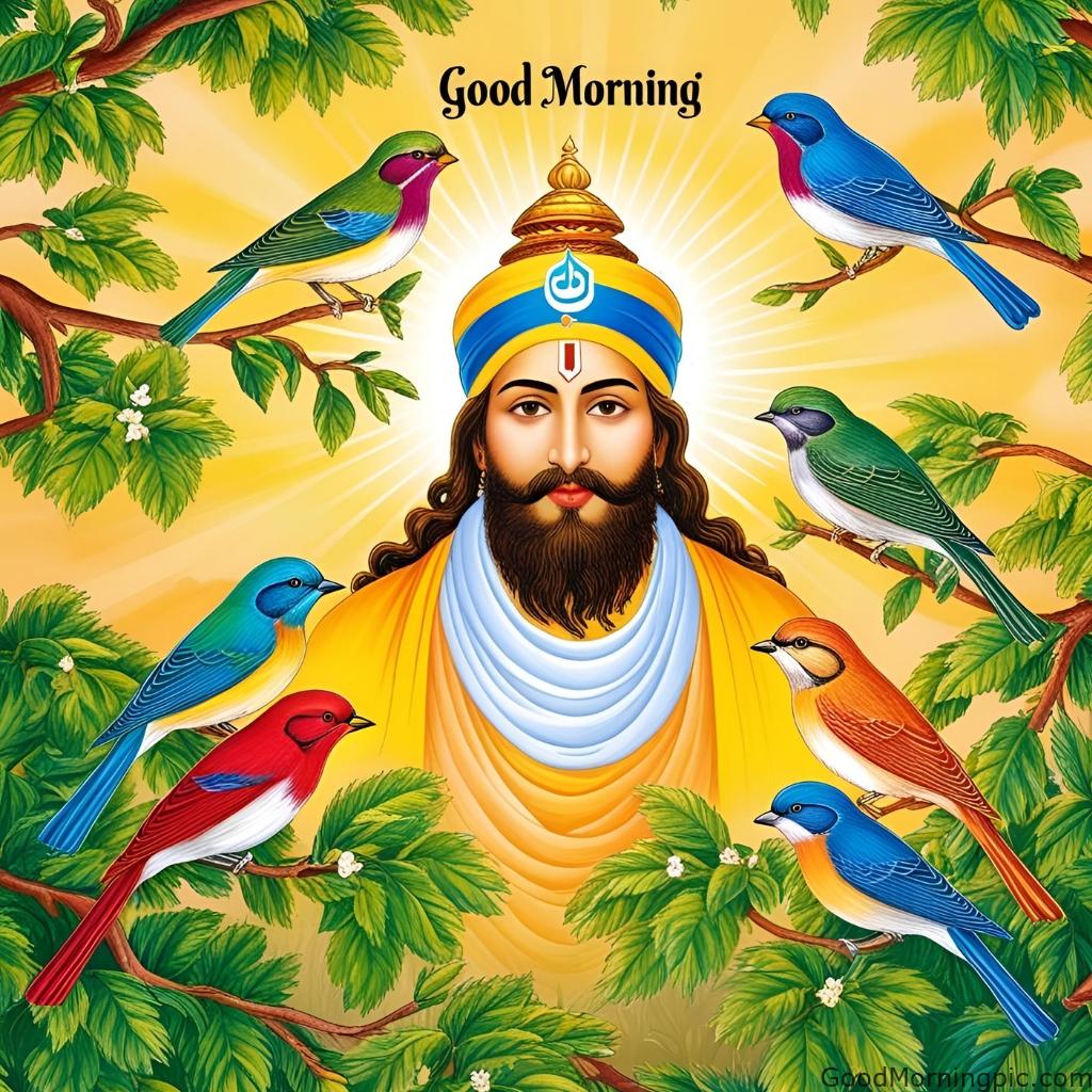 Birds perched on tree branches with a divine glow of Guru Nanak Ji