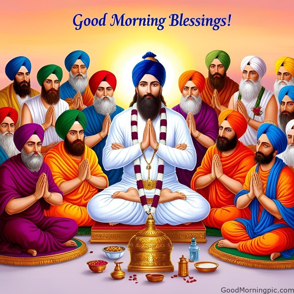 good morning blessings guru nanak surrounded by devotees folded hands