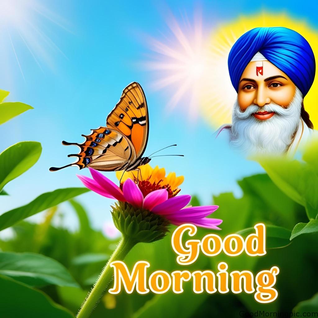 A butterfly resting on a flower with Guru Nanak’s smiling face in the sky