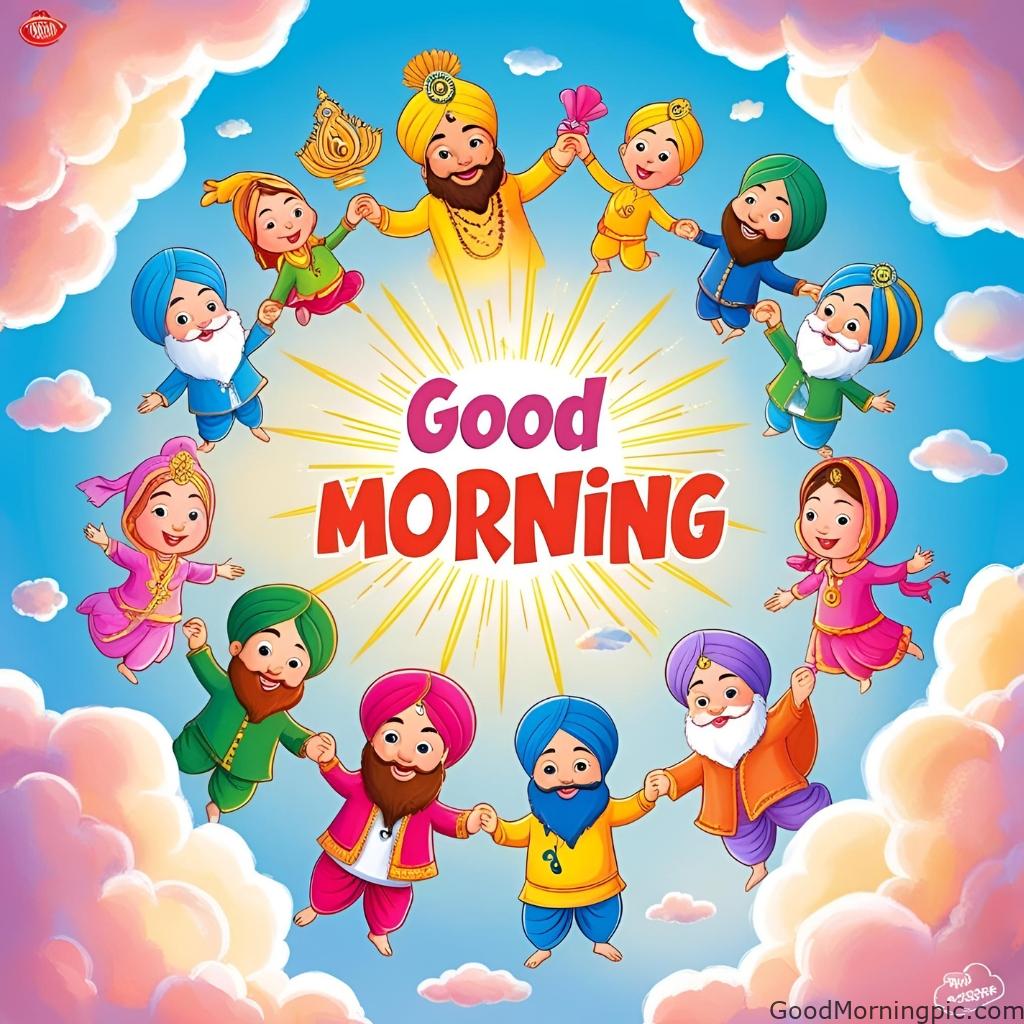 good morning cartoon world holding hands guru nanak in sky