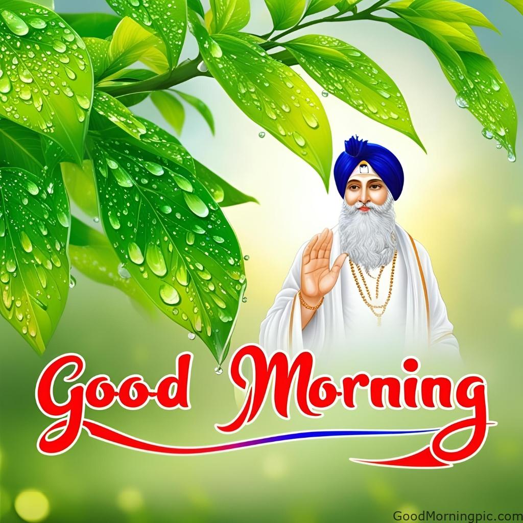 Dewdrops on green leaves with a faint spiritual image of Guru Nanak Ji