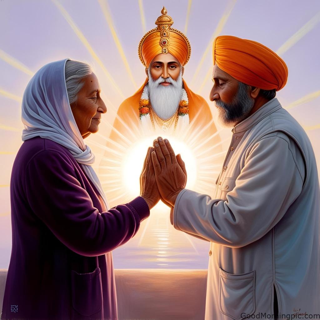 good morning elderly couple praying guru nanak sunrise light