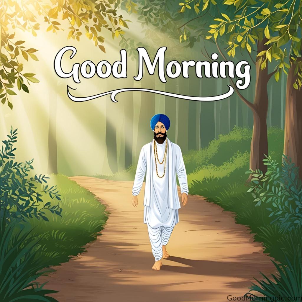 Guru Nanak Ji walking ahead on a morning forest path