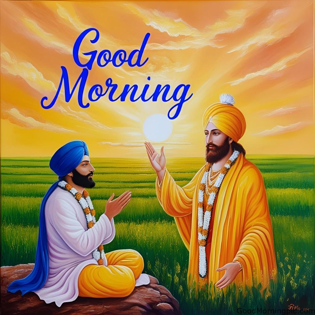 Good Morning image of Guru Nanak Ji offering blessings as a golden sunrise illuminates the fields.