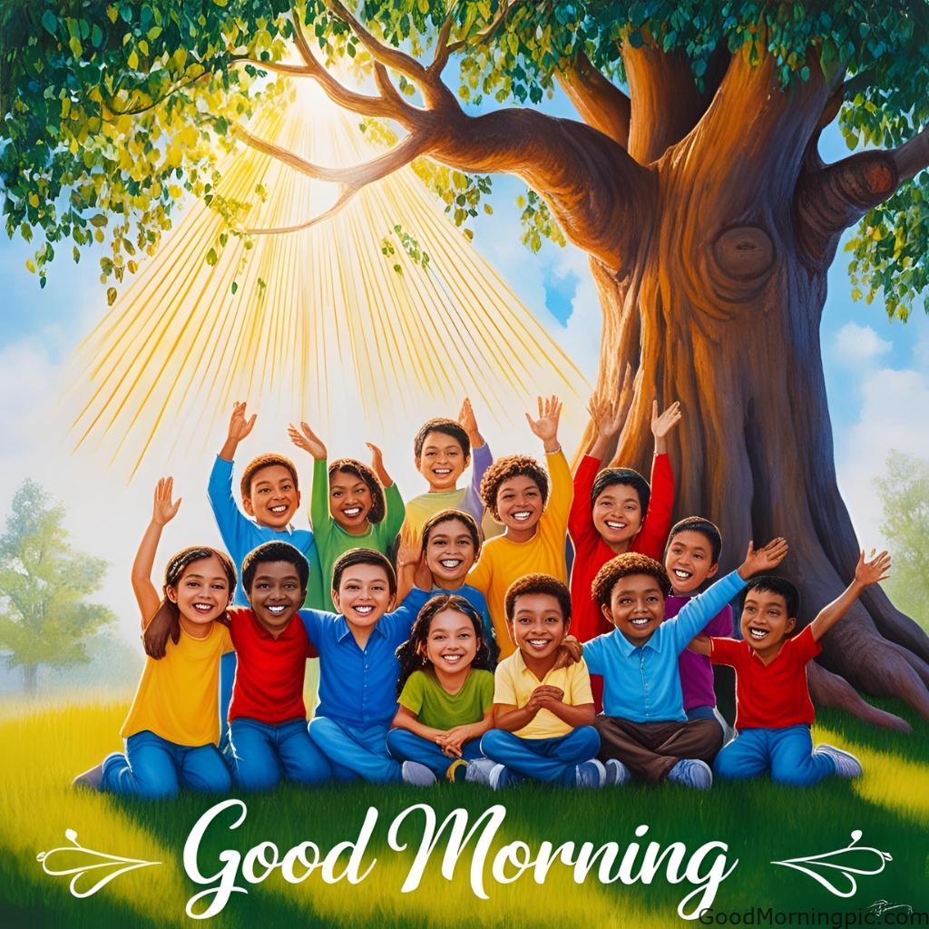 good morning guru nanak blessing multiracial children under tree