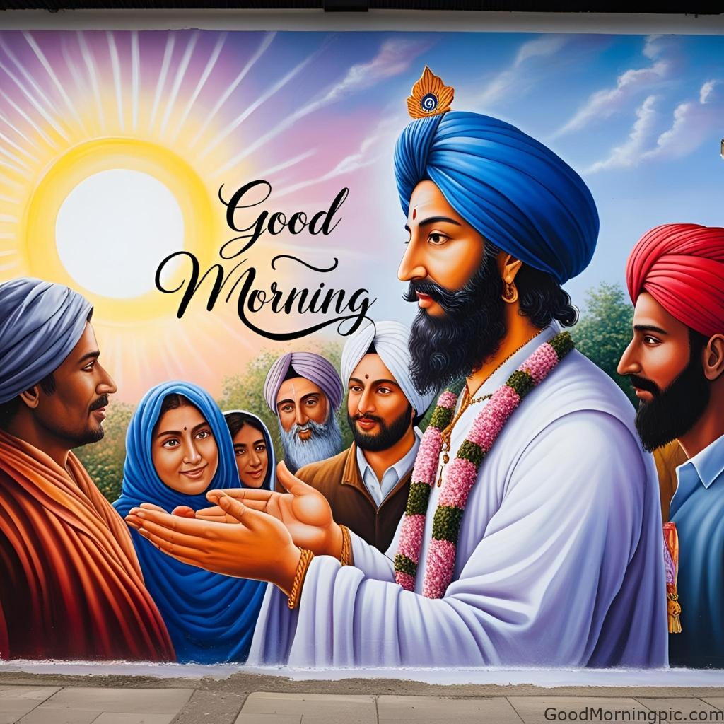 Artistic painting of Guru Nanak blessing people under a rising sun