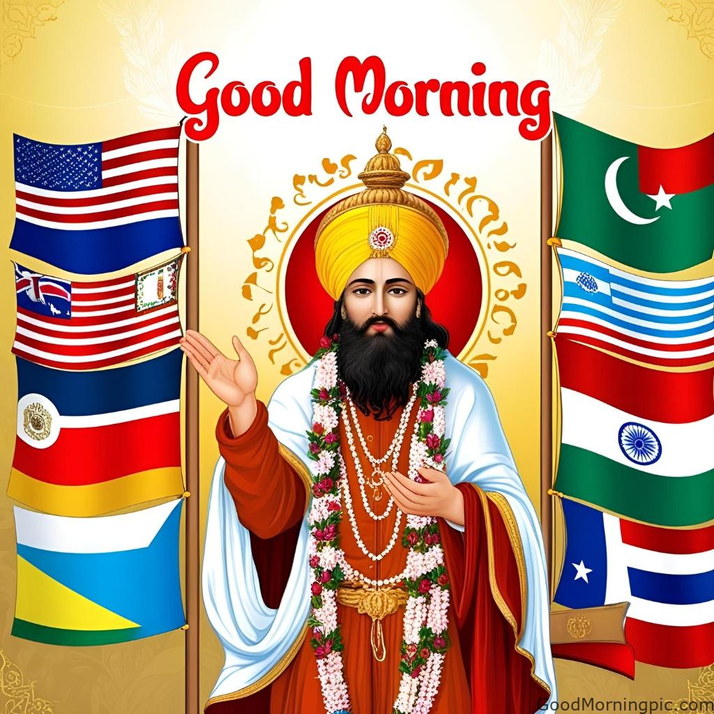 good morning guru nanak blessing world flags in background