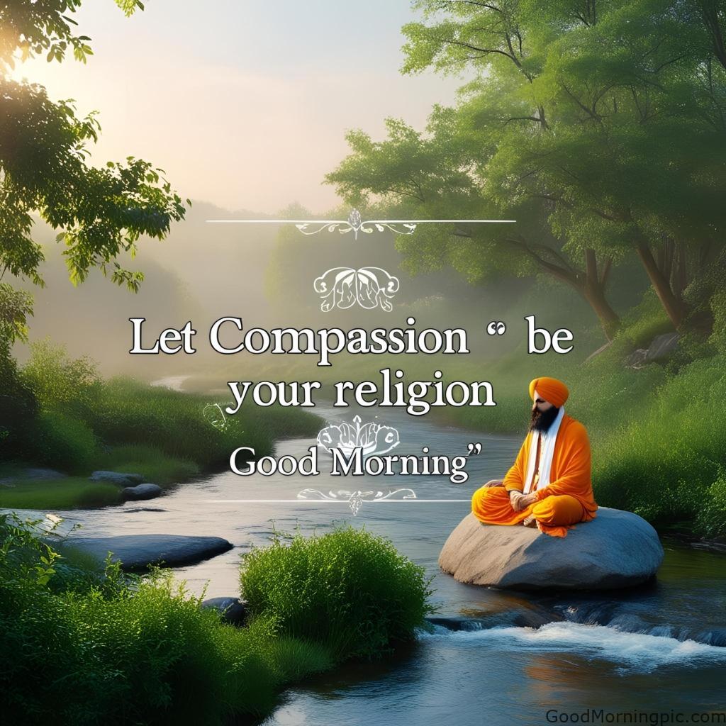 Guru Nanak Ji in a peaceful nature scene with the quote “Let compassion be your religion