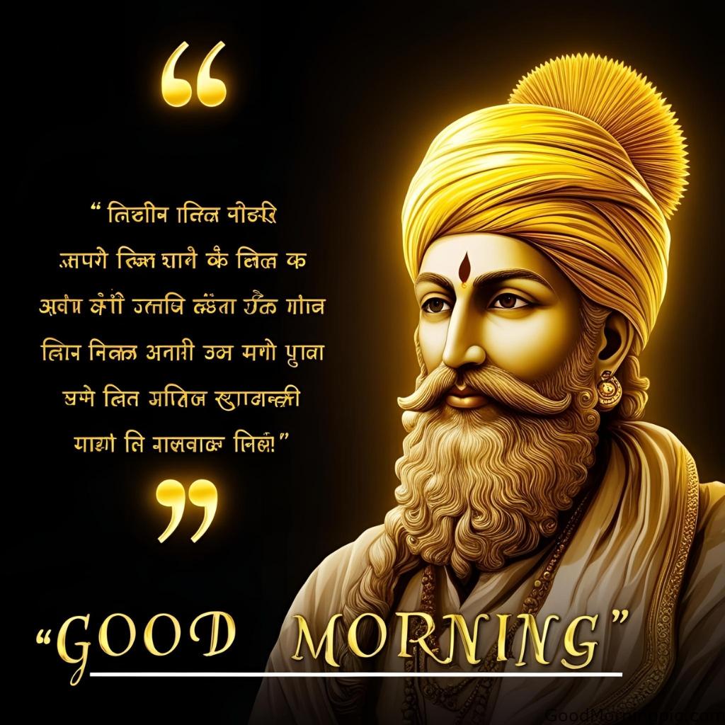 Glowing face of Guru Nanak Ji on a black background with a golden spiritual quote
