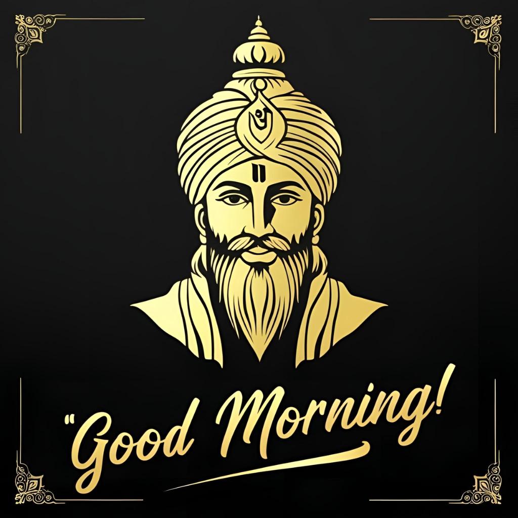 good morning guru nanak gold on black cursive blessing