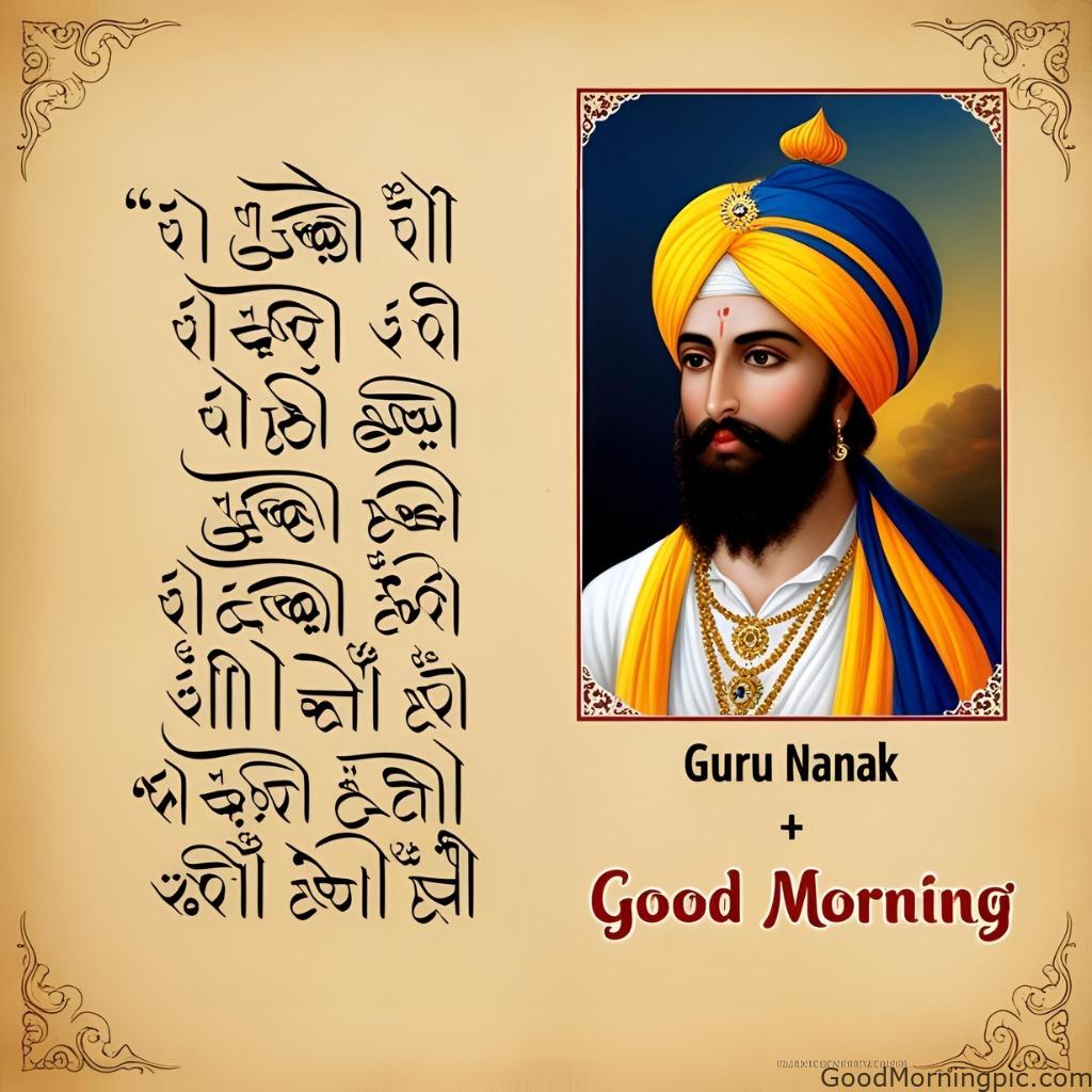 Guru Nanak Ji’s image with a simple gurbani line in elegant calligraphy beside it