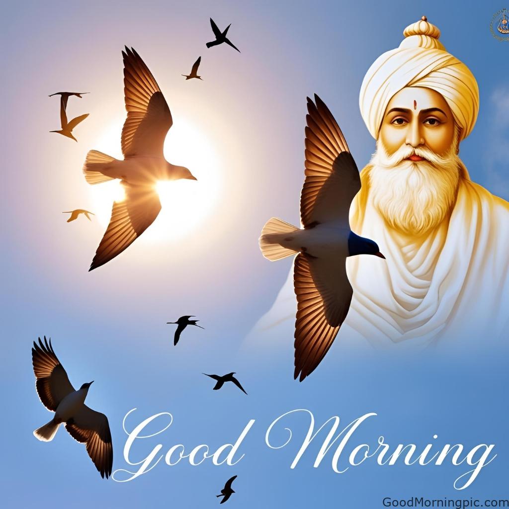 Morning birds flying across the sky with Guru Nanak Ji in the background and Good Morning overlaid.