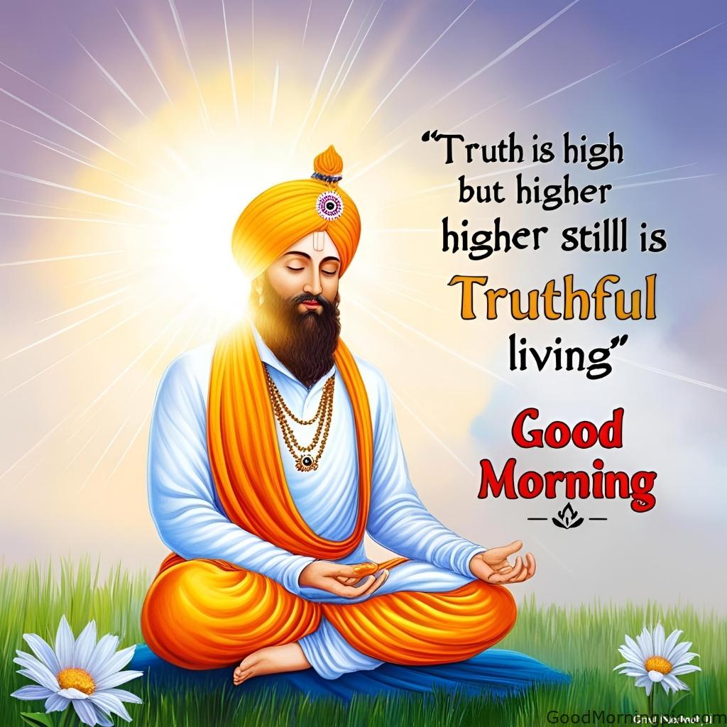Guru Nanak Ji with a glowing morning sky and the quote