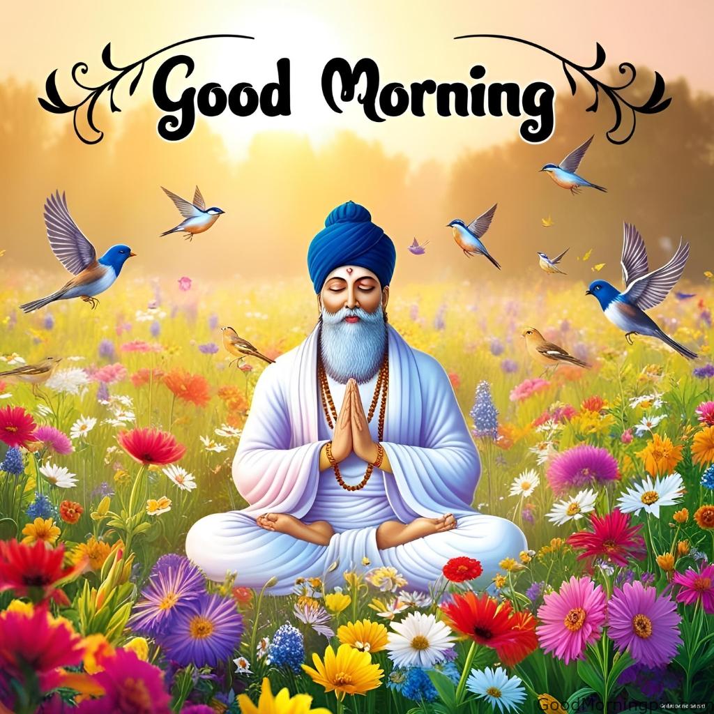 Guru Nanak Ji in a colorful morning meadow filled with flowers and birds