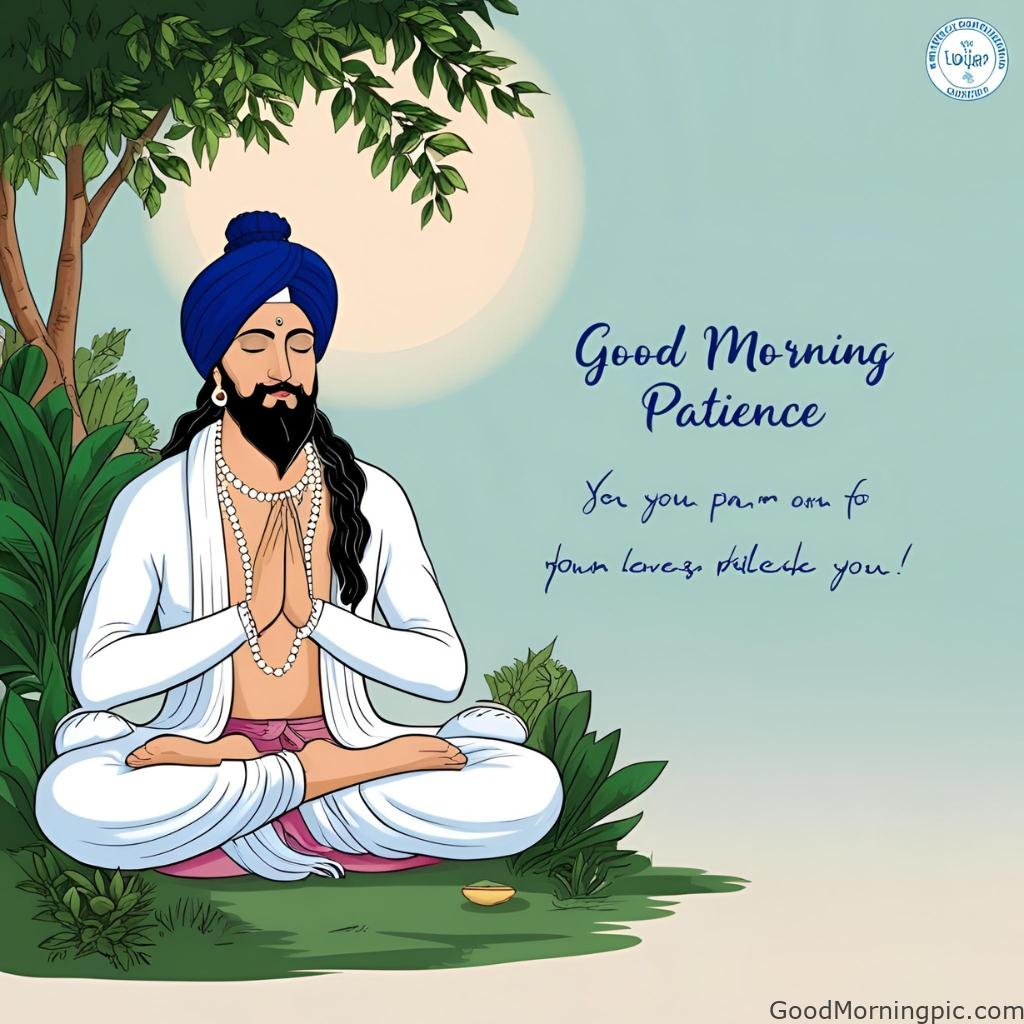 Guru Nanak Ji seated in meditation with a quote on patience and the words