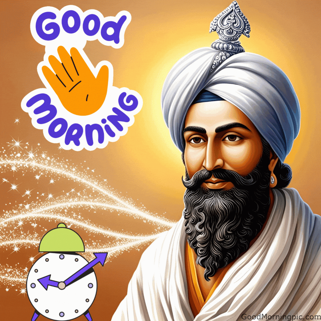 good morning guru nanak portrait sparkles twinkling text