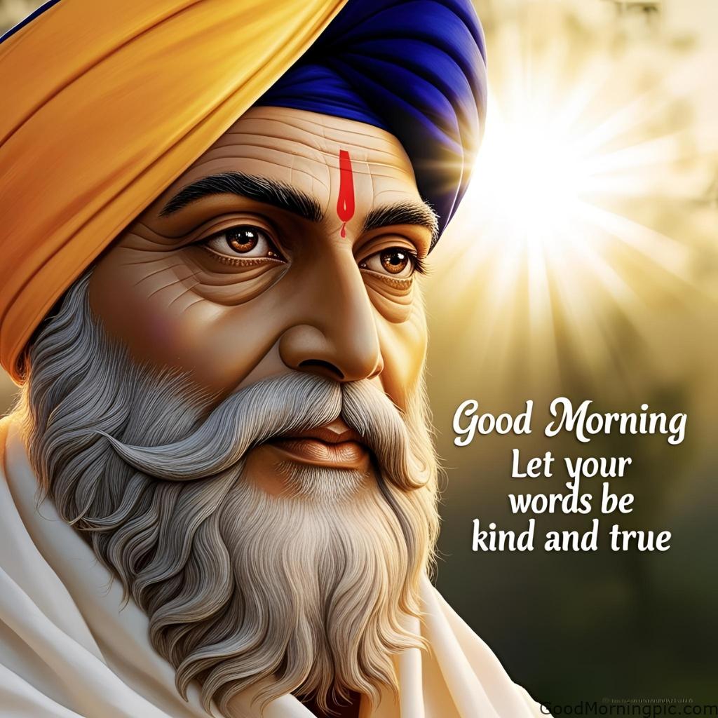 Close-up of Guru Nanak Ji with sun rays shining behind him and the text