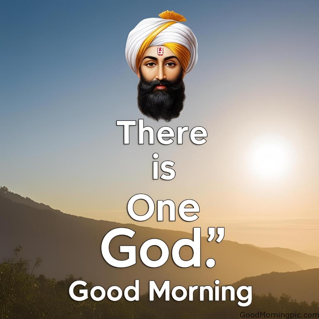 Guru Nanak’s face with soft morning light and the text “There is one God