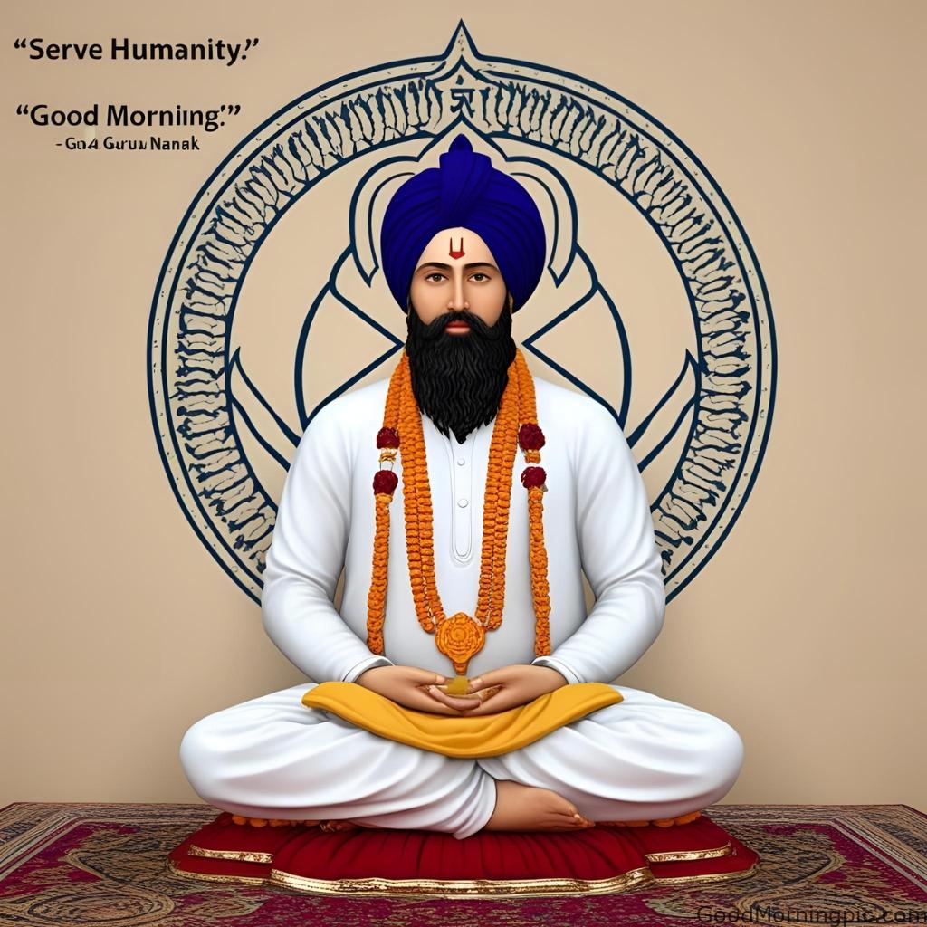 Guru Nanak Ji with the Waheguru symbol behind him, featuring the quote “Serve humanity