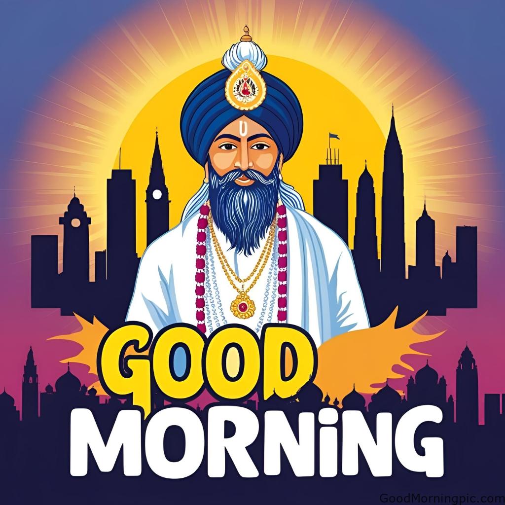 good morning guru nanak with international skyline silhouette bold text