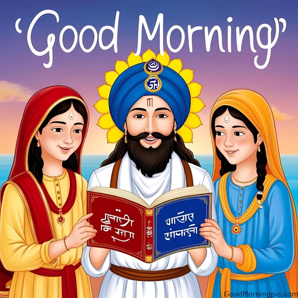 good morning kids reading gurbani guru nanak smiling handwritten font