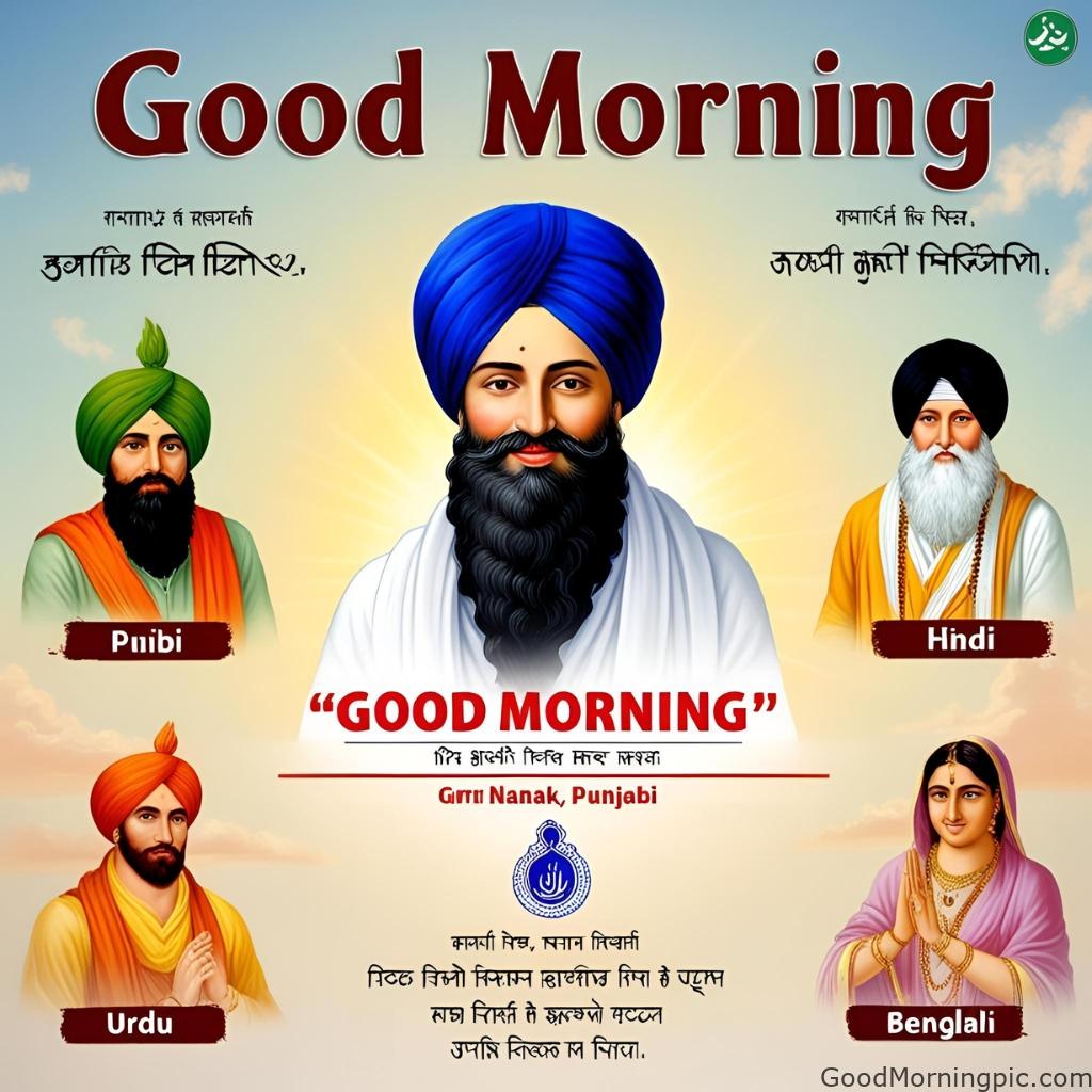 good morning multilingual text guru nanak smiling in center