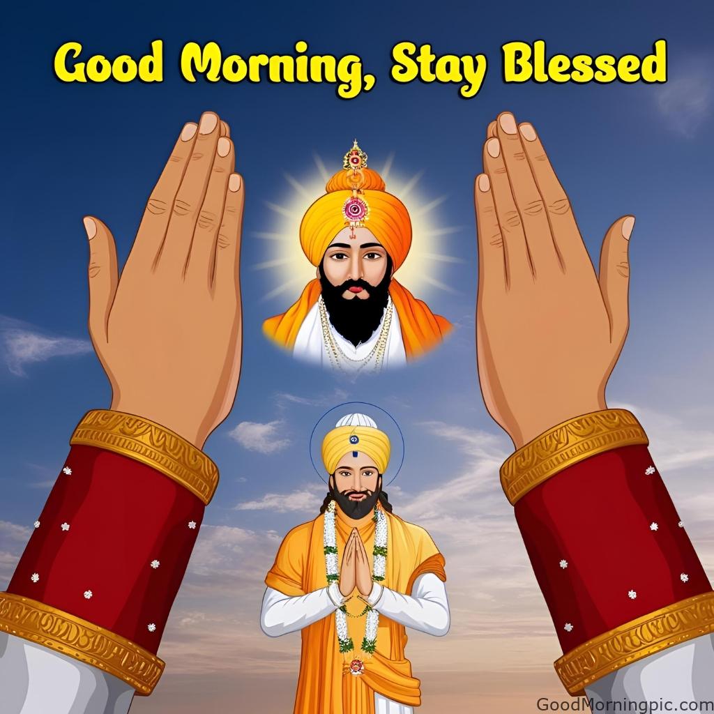 good morning stay blessed hands in prayer guru nanak in sky