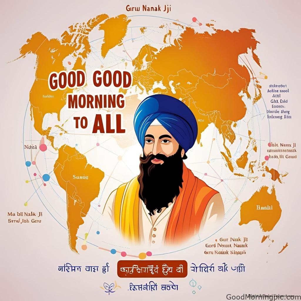 good morning to all guru nanak with digital world map multilingual