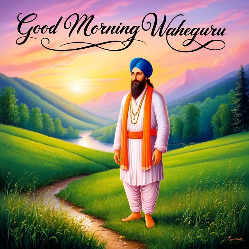 Guru Nanak standing in a peaceful valley with green fields and the words