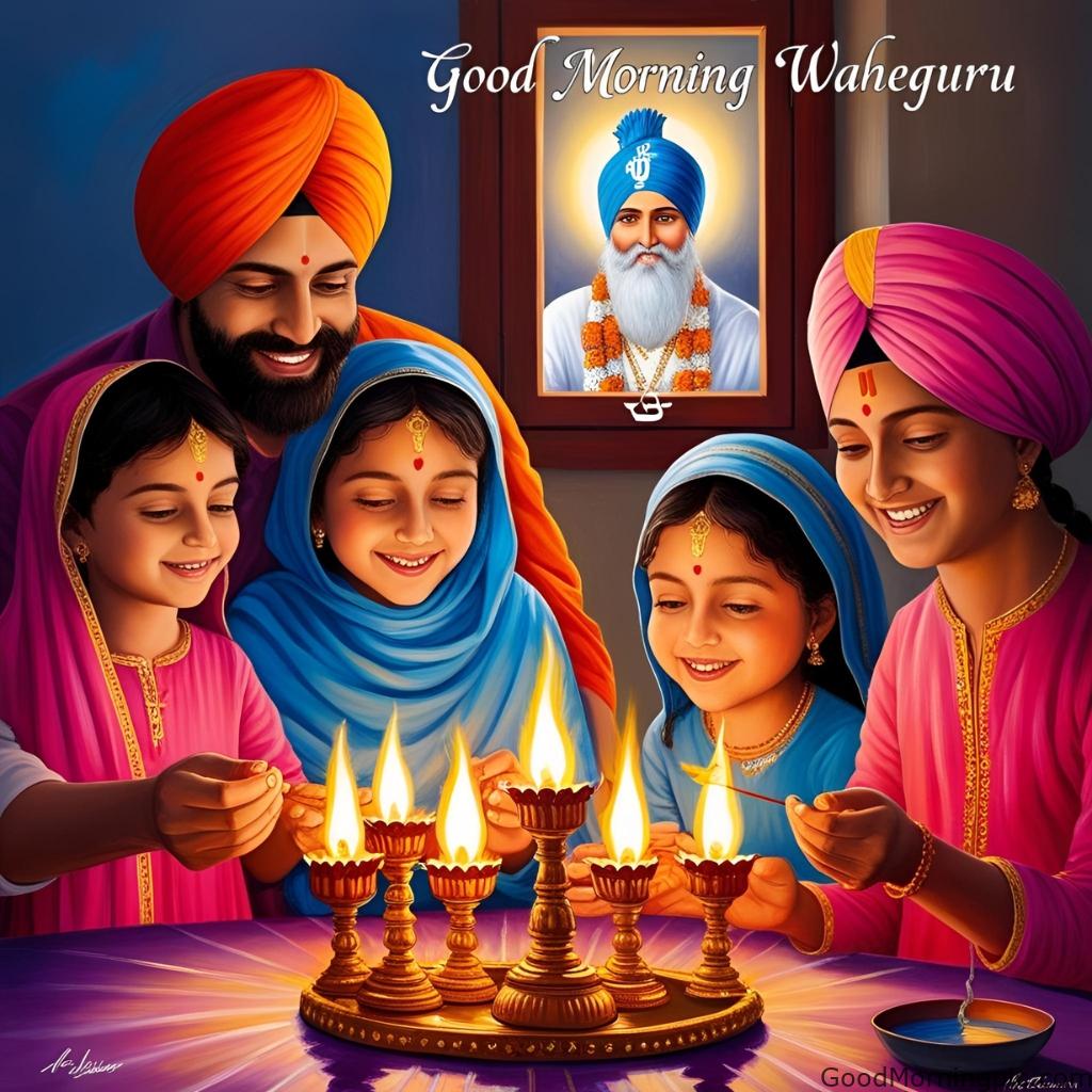 good morning waheguru sikh family lighting diya guru nanak window glow