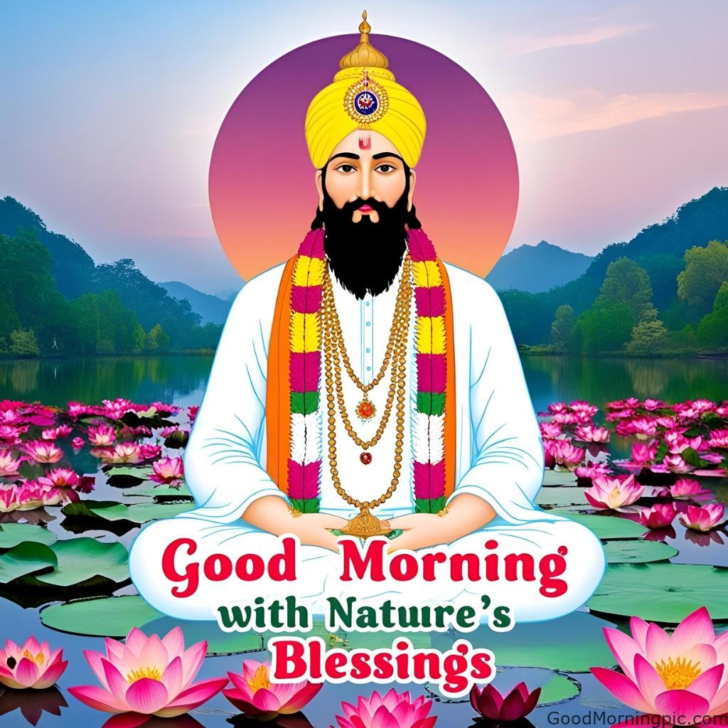 Guru Nanak sitting peacefully in a blooming lotus pond with “Good Morning