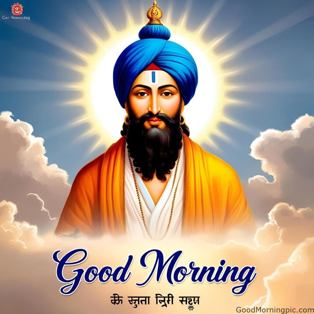 guru nanak rays behind good morning in punjabi suprabhat